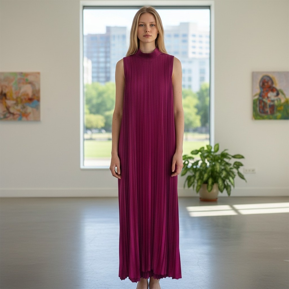 New Vince Camuto High Neck Pleated Maxi Dress Dark Pink 01H335‎ Size 4